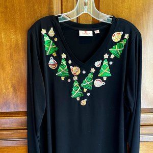 Quacker Factory Black Sequin Christmas Tunic - Size L